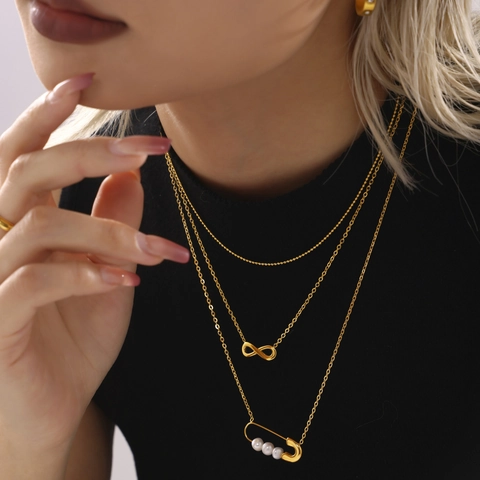 Stainless Steel Gold Plated Necklace For Women Infinity Symbol Pendant Pin Design With Freshwater Pearl Amethyst Fashion Jewelry