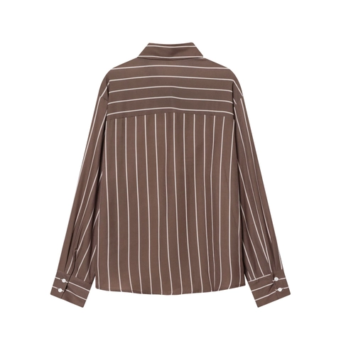 Gestreept Damesblouse Met Lange Mouwen Polyester Knoopsluiting Overhemdkraag Casual Kantoortop Met Zak Elegant Verticaal