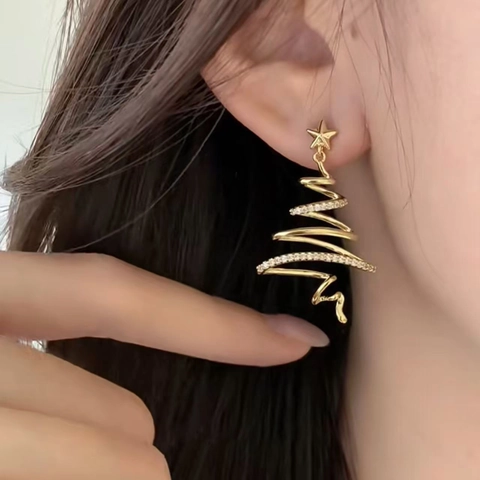 Christmas Tree Stud Earrings Copper Zircon Star Real Gold Plated For Women Holiday Party With Silver Earring Post