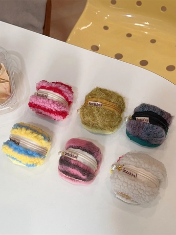 Mini Funda Para Auriculares De Felpa Macaron Monedero De Tweed Con Decoración De Perlas Artificiales Cremallera Portátil Mujeres