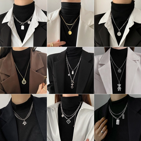 Collana Doppio Strato Con Ciondolo Metallo Legato Geometrico Orsetto Faccina Sorridente Astronauta Cuore Gioielli Donna