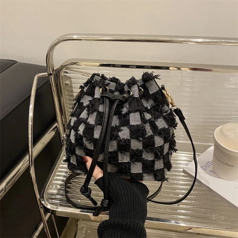 Denim Eimer Tasche Für Damen Stern Muster Karo Kordelzug Umhängetasche Mit Quasten Fransen Koreanischen Stil