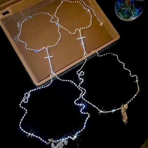 Rhinestone Cross Body Chain Necklace Copper Alloy Sparkly Dainty Sexy Summer Beach Party Jewelry Accessories For Women
