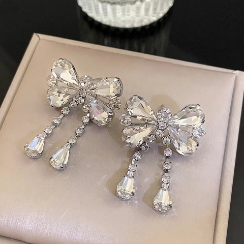 Bowknot Butterfly Tassel Dangle Earrings Necklace Jewelry Alloy Rhinestone Artificial Pearl With 925 Sterling Silver Earring Post