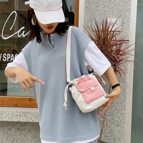 Leuke Canvas Emmer Schoudertas Met Konijnenoren En Wortel Hanger Crossbody Tas Met Trekkoord Voor Dames Meisjes Studenten