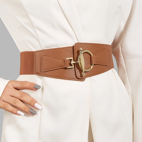 Cintura Corsetto Larga Da Donna Pelle PU Vita Elastica Fibbia Dorata Rotonda A T Accessorio Decorativo Di Moda Per Abiti