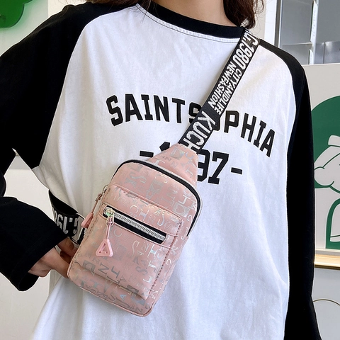 Women Letter Print Oxford Chest Bag Casual Streetwear Crossbody Sling Bag Adjustable Wide Webbing Strap Heart Pattern