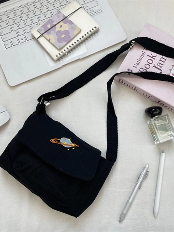 Black Women Crossbody Bag Canvas Planet Embroidery Flap Velcro Small Square Shoulder Bag Casual Daily Korean Ins Style