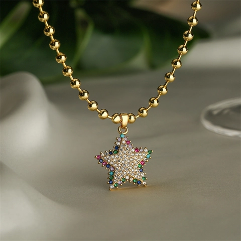 Collier Pendentif Étoile Planète Zircone Micro Pavé Cuivre Plaqué Or Chaîne Vénitienne Bijoux pour Hommes Femmes Cadeau