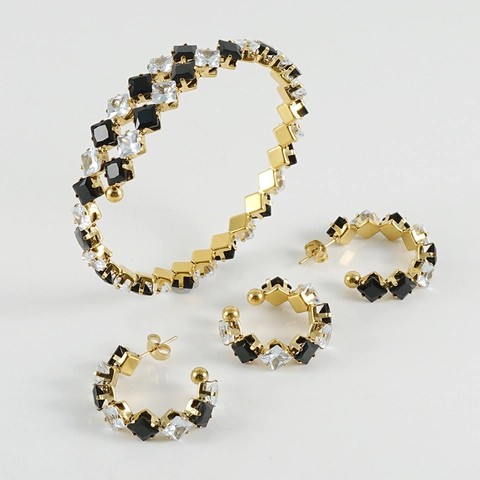 Bijoux Bracelet Boucles Oreilles Et Manchette Zirconium Carré Acier Inoxydable Plaqué Or 18K Femmes Niche