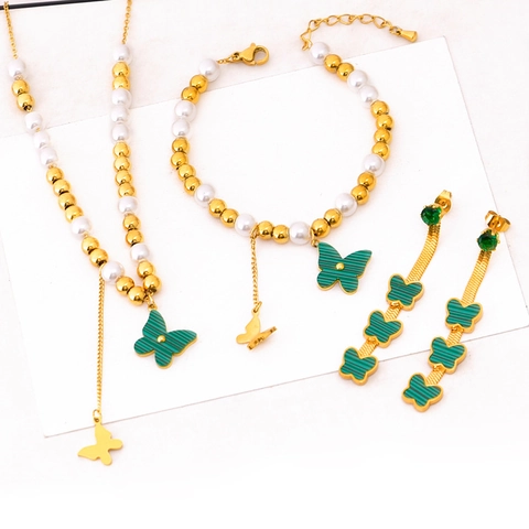 Joyas Mariposa Verde Malaquita Textura Acero Titanio Chapado Oro Perla Artificial Collar Pulsera Pendientes Para Mujer