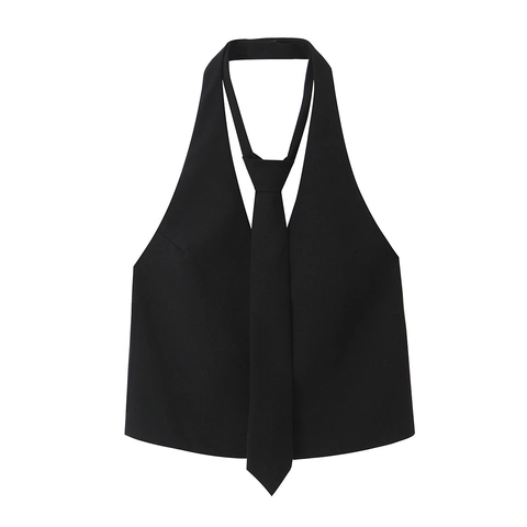 Schwarzes Halterneck Top Mit Krawatten Dekoration Polyester Ärmelloses Rückenfreies Sexy Streetwear Tank Für Damen