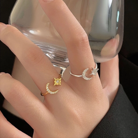 Anillo Abierto De Estrella Luna En Plata De Ley 925 Micro Pavé Zirconia Ajustable Joyería De Dedo Minimalista Mujeres