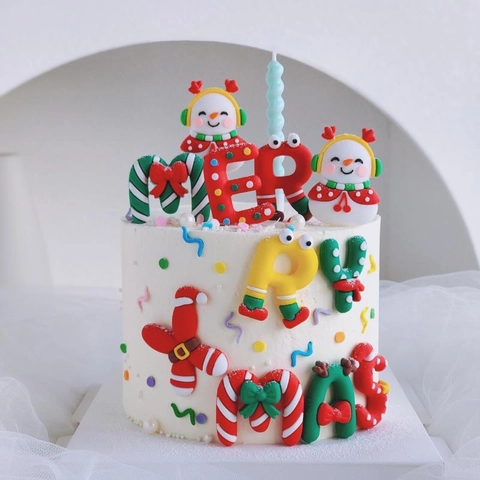 Christmas Cake Toppers Merry Xmas Letters Snowman Reindeer Cartoon Soft Glue Festive Party Dessert Decoration