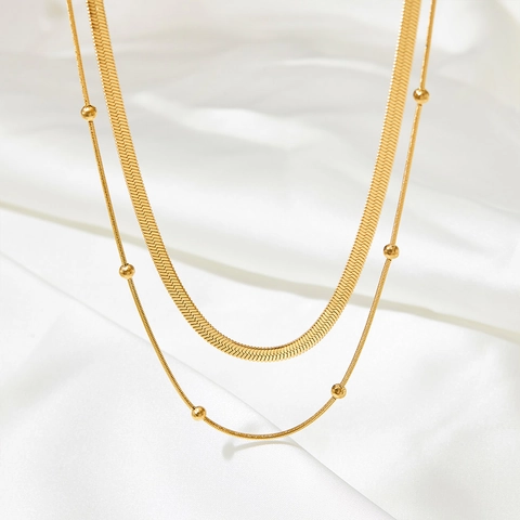 Double Layer Stainless Steel Necklace Flat Snake Chain Beaded Clavicle Chain Vacuum Plated Jewelry For Women