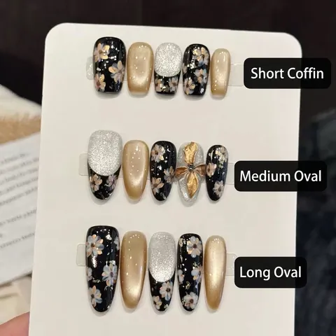 Uñas Postizas Hechas A Mano Cat Eye Lujo 3D Mariposa Dorada Flores Pintadas A Mano Almendra Reutilizable Mujer