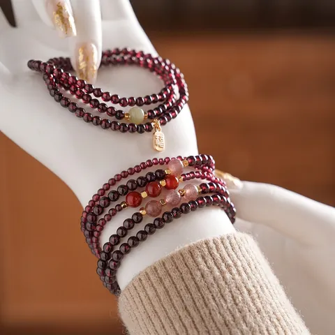 Bracciale Di Perline Di Granato A Più Giri Con Agata Giada Cristallo Di Fragola E Pendente Carattere Fu Stile Cinese Donna