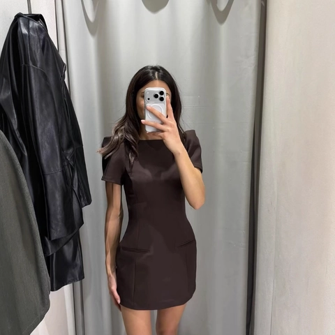 Vestito Mini Aderente Da Donna Poliestere Manica Corta A Sbuffo Girocollo Cerniera Posteriore Linea A Chic Sexy