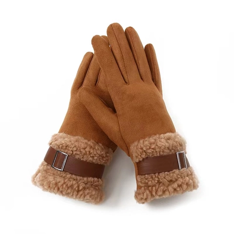 Women Winter Thermal Gloves Suede Faux Fur Trim Touchscreen Windproof Metal Buckle Thickened Fleece Lined