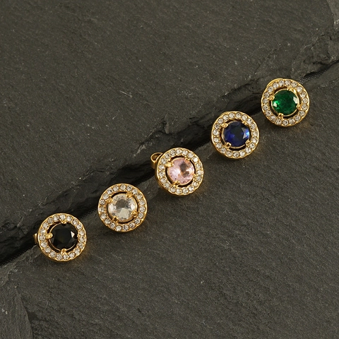 Orecchini A Lobo Halo Rotondi Acciaio Inossidabile Placcato Oro 18K Zircone Colorato Gioielli Moda Per Donna