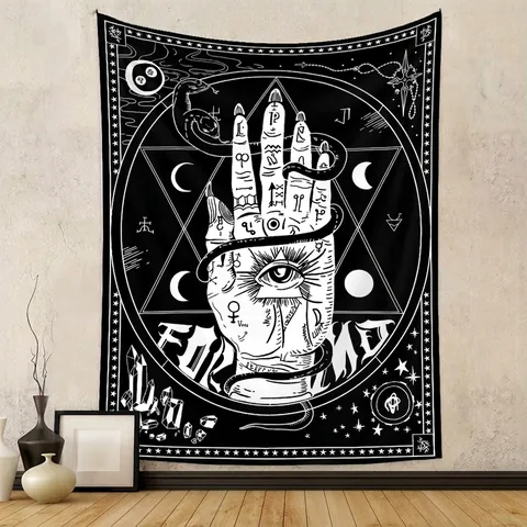 Arazzo Gotico Occulto Da Parete Poliestere Nero Bianco Tarocchi Mano Fasi Lunari Decorazione Casa Boho Per Soggiorno