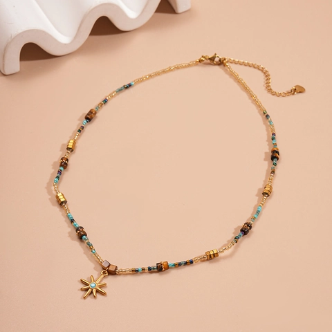 Starburst Pendant Necklace Stainless Steel Tiger Eye Stone Glass Beaded Bohemian Vintage Ethnic Jewelry For Women