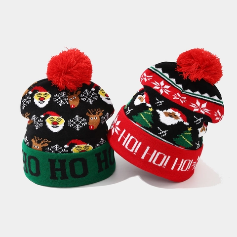 Christmas Knitted Beanie Hat Acrylic Warm Winter Pom Pom Santa Snowman Elk Pattern Festive Outdoor Accessory