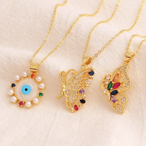 Elegant 18K Gold Plated Brass Necklace Colorful Zircon Butterfly Evil Eye Pendant Fashion Jewelry For Women