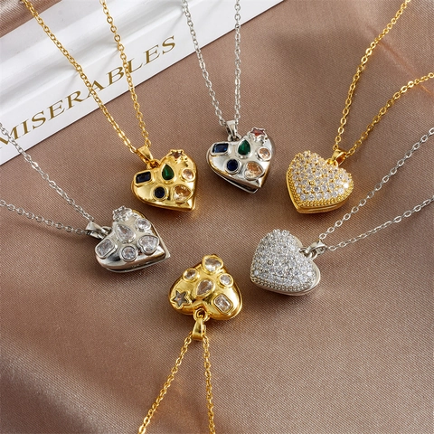 Elegante Collana Con Pendente a Medaglione a Cuore Aperto Rame Placcato Oro Argento Strass Gioielli per Donna Regalo di San Valentino