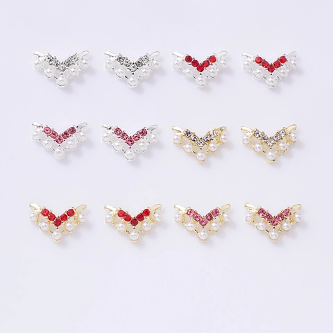 Alloy Nail Art Charms With Faux Artificial Pearl And Rhinestone V-Shape Hollow Crown Style Japanese Nail Decorations For DIY Manicure