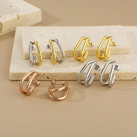 Minimalist Double Layer U Shaped Geometric Stainless Steel Earrings Women Fashion Polished Jewelry