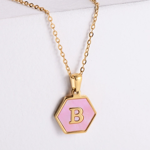 Hexagon Initial Letter Necklace Gold Plated Stainless Steel Pink Mother Of Artificial Pearl Shell Pendant Jewelry For Women