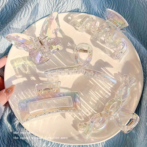 Large Acrylic Hair Claw Clips Holographic Iridescent Transparent Geometric Shark Clips For Women Korean Style