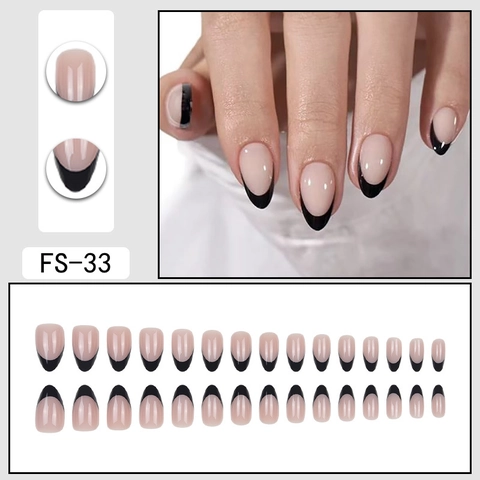 French Tip Press On Nails Black Nude Almond Shape Glossy Removable Simple Style Elegant Manicure For Women