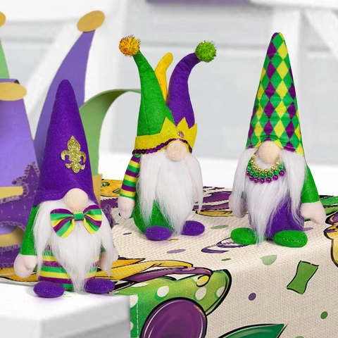 Gnomi Di Mardi Gras Peluche Bambola Senza Volto Ornamenti Viola Verde Oro Decorazioni Da Tavolo Per Feste