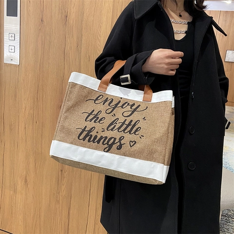 Grande Borsa Tote In Juta Con Cinturini In Pelle PU Bordo In Tela A Contrasto Borsa Da Donna Casual Pendolare