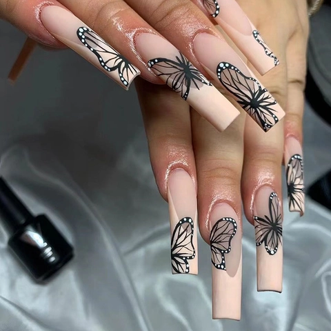 Unghie Finte Coffin Lunghe Press On Motivo Farfalla Nude Nero Stile Francese Balletto Arte Della Manicure Moda Per Donne