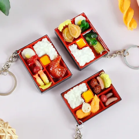 Miniature Bento Box Keychain Simulation Food Model Realistic PVC Resin Handcrafted Bag Hanging Ornament Novelty Gift
