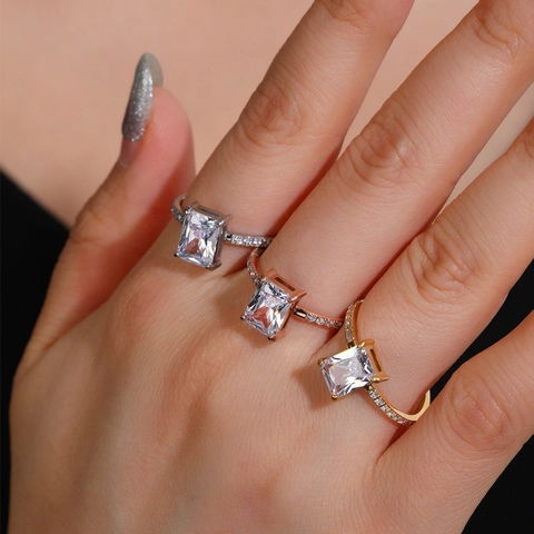 Retro Square Zirconia Ring Stainless Steel Emerald Cut Pave Luxury Jewelry For Women