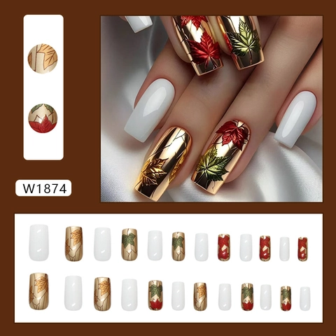 Uñas Postizas Forma De Ataúd Largo Con Relieve De Hoja De Arce 3D Espejo Dorado Y Blanco Perla Artificial Tema De Otoño Para Mujeres