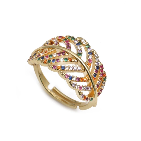 Colorful Cubic Zirconia Open Adjustable Rings 18K Gold Plated Copper Wing Flower Leaf Shape Fashion Jewelry Women