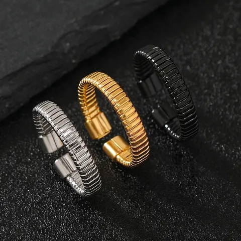Anillo Ajustable Abierto De Acero Inoxidable Textura De Línea Horizontal Irregular En Forma De C Joyería Minimalista