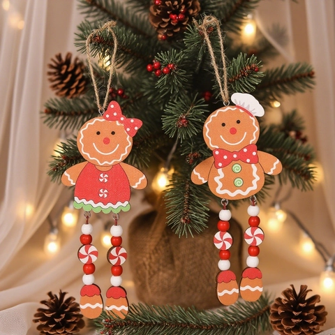 Χριστουγεννιάτικα Στολίδια Δέντρου Gingerbread Man Ξύλινα Μακριά Πόδια Κρεμαστή Διακόσμηση Εορταστική Καρτούν