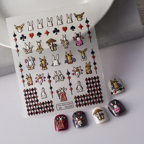 Autocollants À Ongles Gauffrés 5D Design Cartoon Lapin Poker Décoration De Manucure En Relief Étanche Pour Femmes