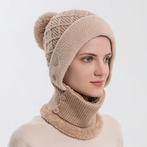Passamontagna In Maglia Foderato In Pile Scaldacollo Sciarpa Con Pom Pon E Bottoni Inverno All Aperto Per Donna