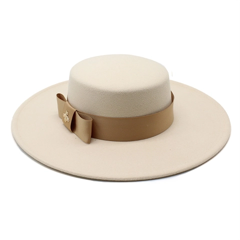 Cappello Da Donna Boater In Misto Lana Feltro Tesa Larga Nastro Ape In Metallo Stile Retro Elegante
