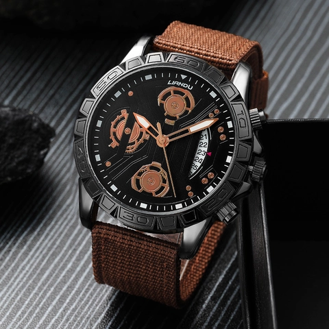 Men's Business Calendar Quartz Wristwatch Alloy Case Canvas Strap Industrial Gear Style Sporty Daily Fashion Watch For Men