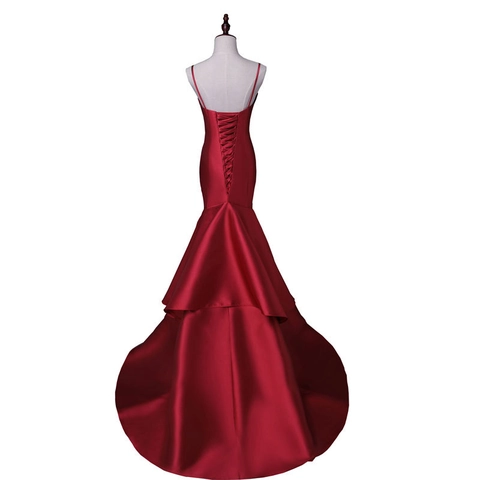 Elegant Satin Mermaid Evening Dress Spaghetti Straps Deep V Neck Lace Up Back Floor Length Formal Gown For Women