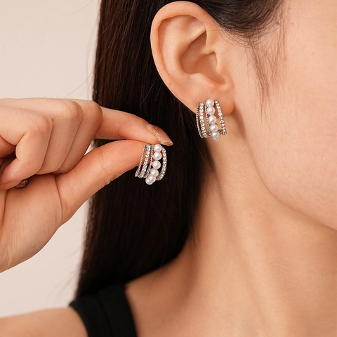 Orecchini A Lobo In Lega Con Strass Forma C Multistrato Con Perno In Argento Perla Artificiale Gioielli Eleganti Per Donna