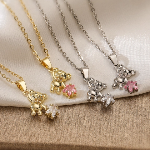 Collier Pendentif Ours En Peluche Étoile Cuivre Zircon Bijoux Style Ins Mignon Pour Femme Plaqué